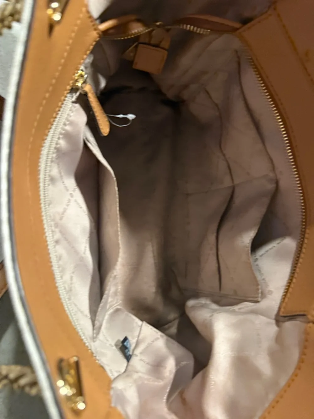 Michael Kors Beige Cream Signature Logo Tote with Gold Chain Handles